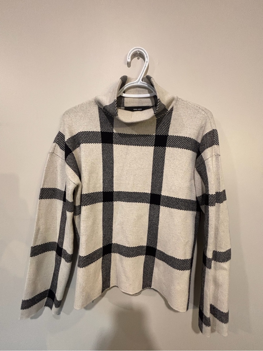 Vero Moda Cream and Black Plaid Cowl Neck Sweater